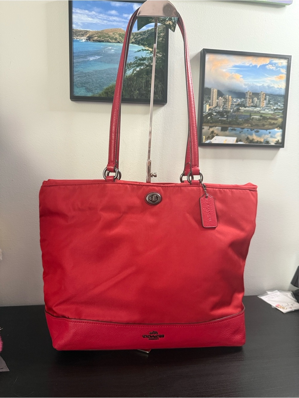 Coach Large Red Nylon Carryall Tote with Leather Trim